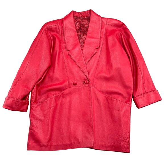 Vera Pelle Jacket Women Medium Red Leather Double Breasted Relaxed Retro 80s 90‎ - Picture 1 of 9